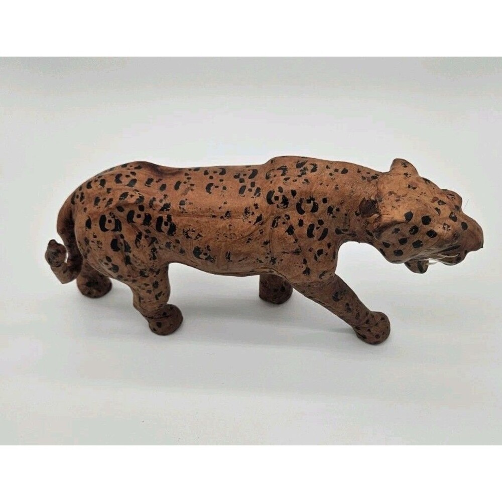 Large Vintage Leather Wrapped Leopard Cheetah Figure Sculpture VGC 16"
